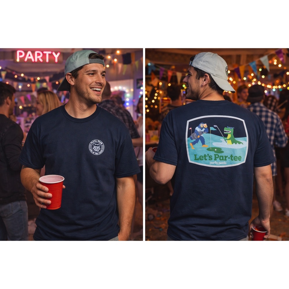 Party Pants Golf T Shirt Medium Black Short‎ Sleeve Let's Par-Tee Graphic Tee